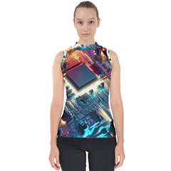 Ai Generated Motherboard City Technology Tech Cpu Mock Neck Shell Top by Jancukart