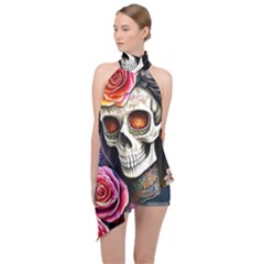 Sugar Skull Halter Asymmetric Satin Top by GardenOfOphir