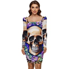 Gothic Skull Women Long Sleeve Ruched Stretch Jersey Dress by GardenOfOphir