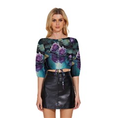 Roses Water Lilies Watercolor Mid Sleeve Drawstring Hem Top by Ravend