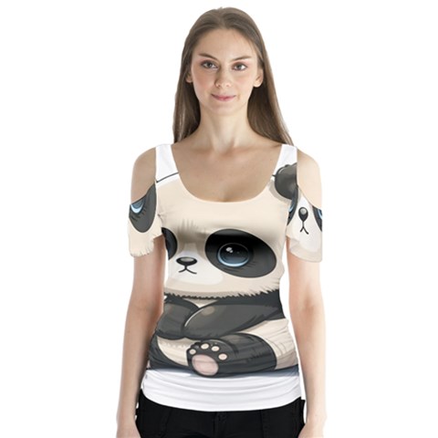 Cute Panda Bear Animal Cartoon Butterfly Sleeve Cutout Tee  by Semog4