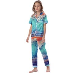 Artistic Wave Sea Kids  Satin Short Sleeve Pajamas Set by Semog4