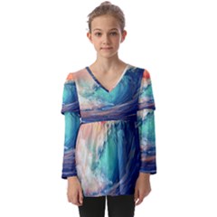 Artistic Wave Sea Kids  V Neck Casual Top by Semog4