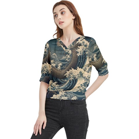 Sea Dragon Kanagawa Sea Monster Quarter Sleeve Blouse by Jancukart