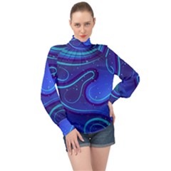 Spiral Shape Blue Abstract High Neck Long Sleeve Chiffon Top by Jancukart