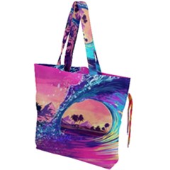 Retro Wave Ocean Drawstring Tote Bag by Semog4