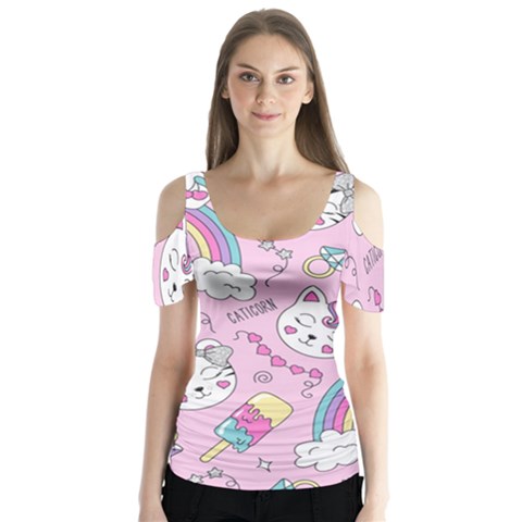 Beautiful Cute Animals Pattern Pink Butterfly Sleeve Cutout Tee  by Semog4