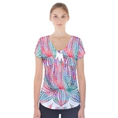 Lotus Feathers Boho Watercolor Short Sleeve Front Detail Top by Salman4z