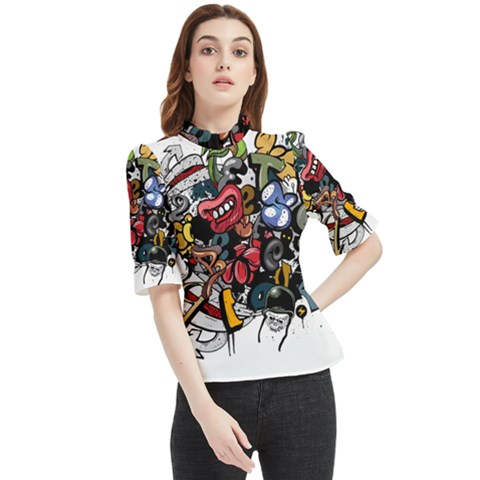 Mural Graffiti Paint Frill Neck Blouse by Salman4z