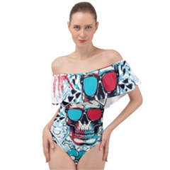 That Cool Graffiti Skull Off Shoulder Velour Bodysuit  by Salman4z