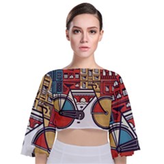 Amsterdam Graphic Design Poster Illustration Tie Back Butterfly Sleeve Chiffon Top by Salman4z