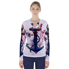Anchor Watercolor Painting Tattoo Art Anchors And Birds V-neck Long Sleeve Top by Salman4z