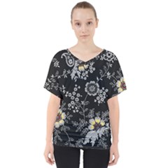 White And Yellow Floral And Paisley Illustration Background V-neck Dolman Drape Top by Salman4z