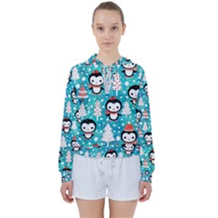 Blue Penguin Pattern Christmas Women s Tie Up Sweat by Salman4z