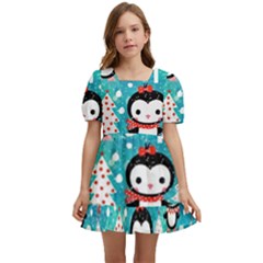 Blue Penguin Pattern Christmas Kids  Short Sleeve Dolly Dress by Salman4z