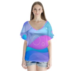 Colorful Blue Purple Wave V-neck Flutter Sleeve Top by Salman4z