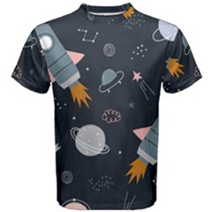 Space Background Illustration With Stars And Rocket Seamless Vector Pattern Men s Cotton Tee by Salman4z