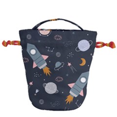 Space Background Illustration With Stars And Rocket Seamless Vector Pattern Drawstring Bucket Bag by Salman4z