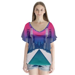 Retro Cityscape Artist Artwork Digital Art V-neck Flutter Sleeve Top by Salman4z