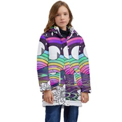 Rainbow Fun Cute Minimal Doodle Drawing Art Kid s Hooded Longline Puffer Jacket by Jancukart