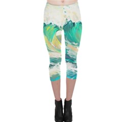 Waves Ocean Sea Tsunami Nautical 90 Capri Leggings  by Jancukart
