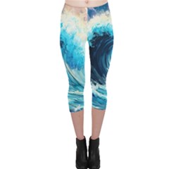 Tsunami Waves Ocean Sea Nautical Nature Water Arts Capri Leggings  by Jancukart