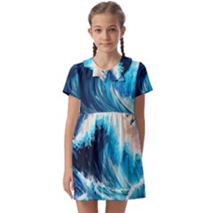 Tsunami Waves Ocean Sea Nautical Nature Water Arts Kids  Asymmetric Collar Dress by Jancukart