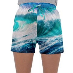 Tsunami Waves Ocean Sea Nautical Nature Water Blue Nature Sleepwear Shorts by Jancukart