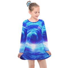 Tsunami Waves Ocean Sea Nautical Nature Water Art Work Kids  Long Sleeve Dress by Jancukart