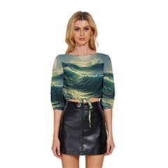 Ocean Sea Waves Tide Mid Sleeve Drawstring Hem Top by Simbadda
