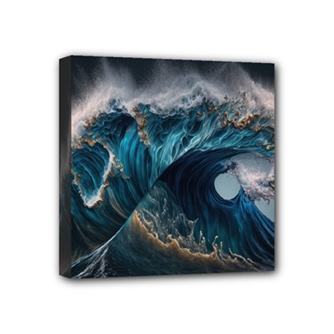 Tsunami Waves Ocean Sea Water Rough Seas Nature Mini Canvas 4  X 4  (stretched) by Wegoenart
