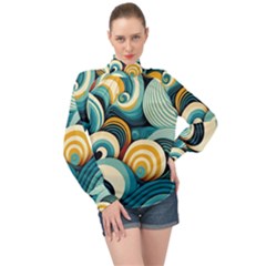 Waves Ocean Sea Abstract Whimsical Abstract Art 6 High Neck Long Sleeve Chiffon Top by Wegoenart