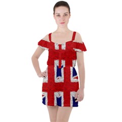 Union Jack Flag National Country Ruffle Cut Out Chiffon Playsuit by Celenk