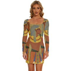 Egyptian Tutunkhamun Pharaoh Design Long Sleeve Square Neck Bodycon Velvet Dress by Celenk