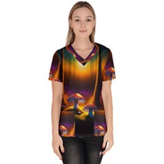 Ai Generated Mushrooms Wallpaper Women s V-neck Scrub Top by Uceng