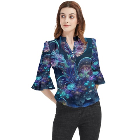 Fantasy People Mysticism Composing Fairytale Art 3 Loose Horn Sleeve Chiffon Blouse by Uceng