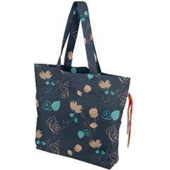 Flowers Leaves Pattern Seamless Green Background Drawstring Tote Bag by Ravend