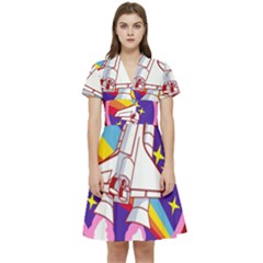 Badge Patch Pink Rainbow Rocket Short Sleeve Waist Detail Dress by Salman4z