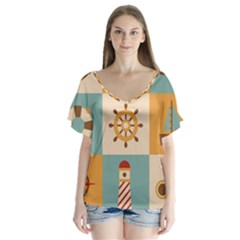 Nautical Elements Collection V-neck Flutter Sleeve Top by Salman4z