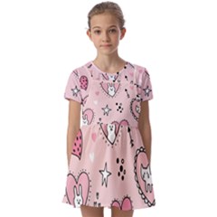 Cartoon Cute Valentines Day Doodle Heart Love Flower Seamless Pattern Vector Kids  Short Sleeve Pinafore Style Dress by Salman4z