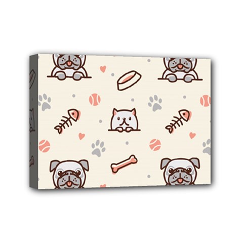Pug Dog Cat With Bone Fish Bones Paw Prints Ball Seamless Pattern Vector Background Mini Canvas 7  X 5  (stretched) by Salman4z