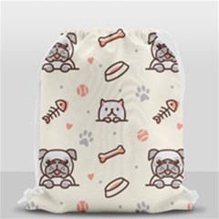 Pug Dog Cat With Bone Fish Bones Paw Prints Ball Seamless Pattern Vector Background Drawstring Bag (small) by Salman4z