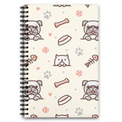 Pug Dog Cat With Bone Fish Bones Paw Prints Ball Seamless Pattern Vector Background 5 5  X 8 5  Notebook by Salman4z