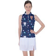 Cute-astronaut-cat-with-star-galaxy-elements-seamless-pattern Women s Sleeveless Polo Tee by Salman4z