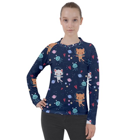 Cute-astronaut-cat-with-star-galaxy-elements-seamless-pattern Women s Pique Long Sleeve Tee by Salman4z