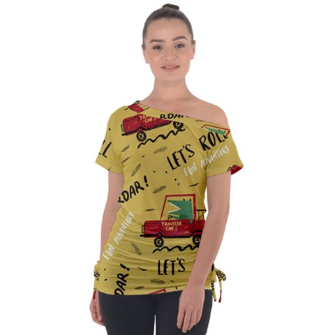 Childish-seamless-pattern-with-dino-driver Off Shoulder Tie-up Tee by Salman4z