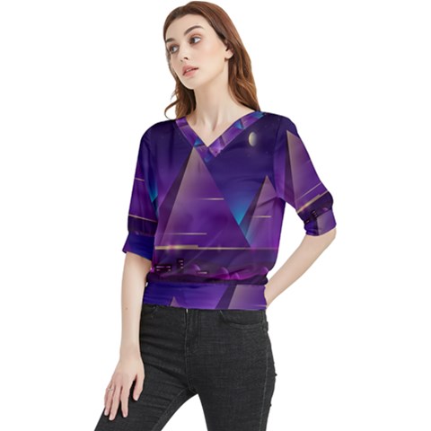 Egyptian-pyramids-night-landscape-cartoon Quarter Sleeve Blouse by Salman4z