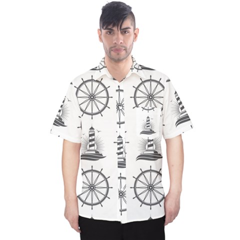Marine Nautical Seamless Pattern With Vintage Lighthouse Wheel Men s Hawaii Shirt by Salman4z