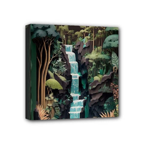 Jungle Tropical Trees Waterfall Plants Papercraft Mini Canvas 4  X 4  (stretched) by Ravend