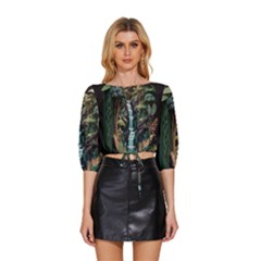 Jungle Tropical Trees Waterfall Plants Papercraft Mid Sleeve Drawstring Hem Top by Ravend
